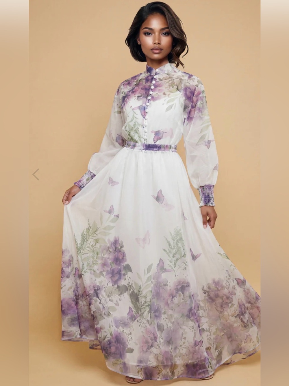 Floral & Butterfly Organza Maxi Dress with Buttoned Bodice Set